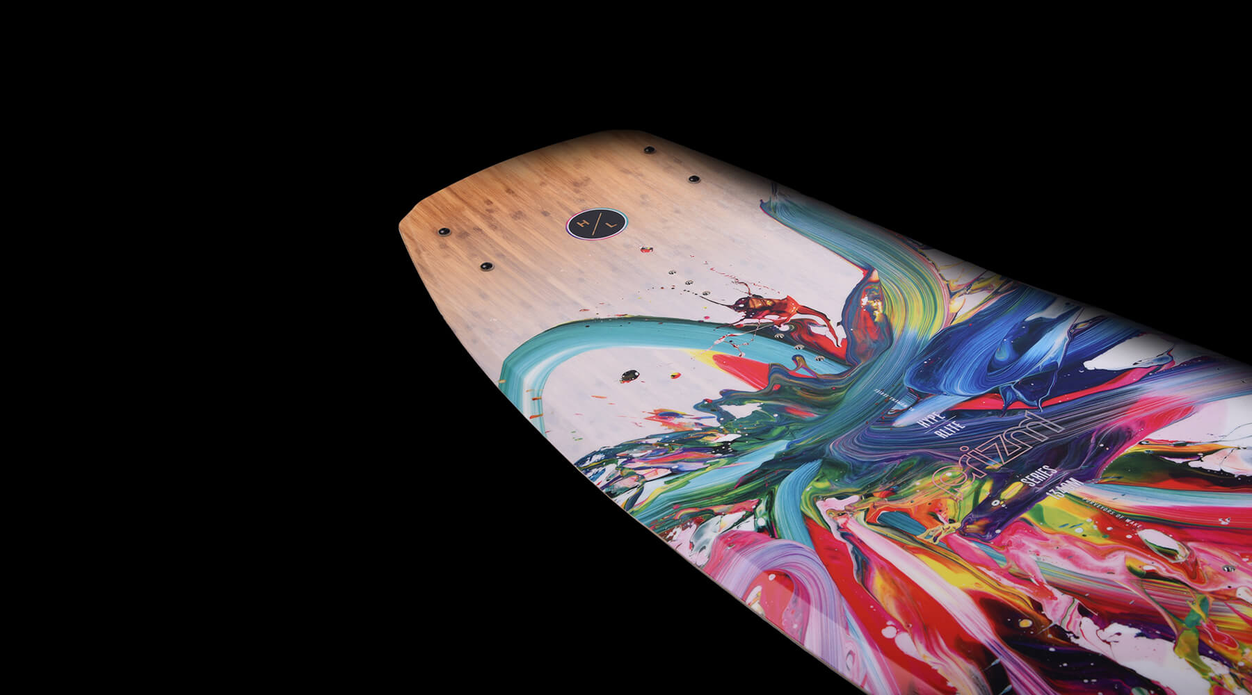A Hyperlite 2024 Prizm Wakeboard with colorful paint and a Satin Flex.