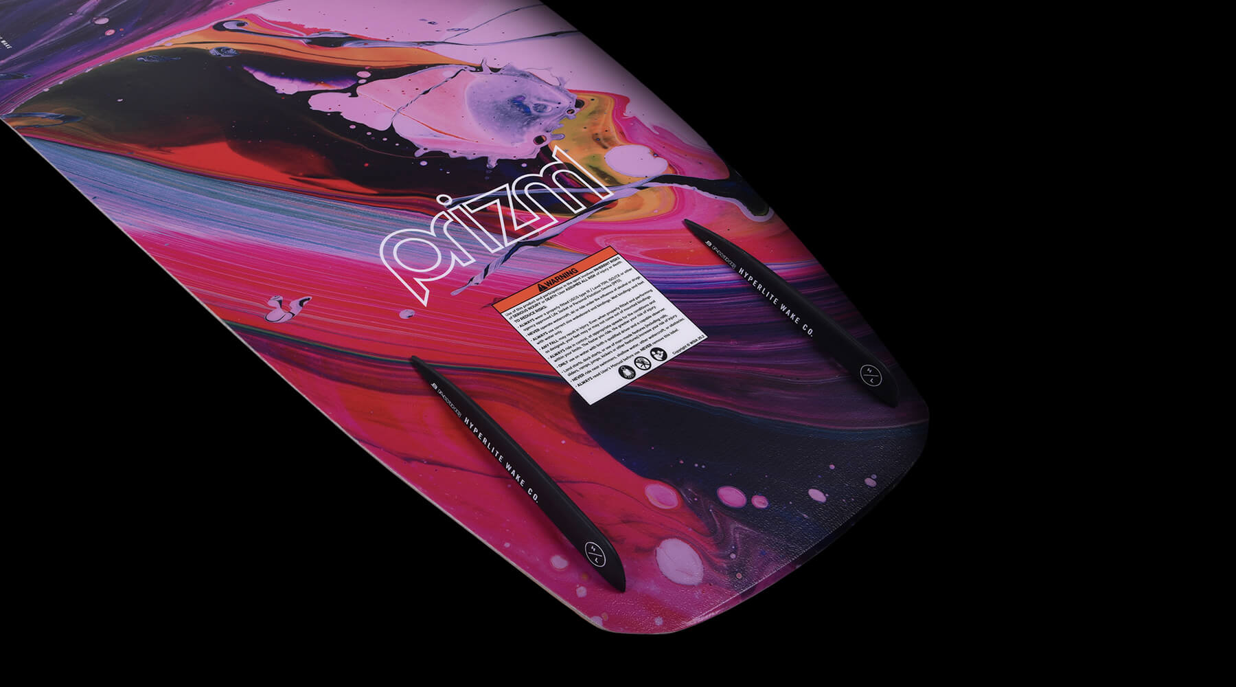 A Hyperlite 2024 Prizm Wakeboard featuring a satin flex and biolite 3 core, set against a black background.