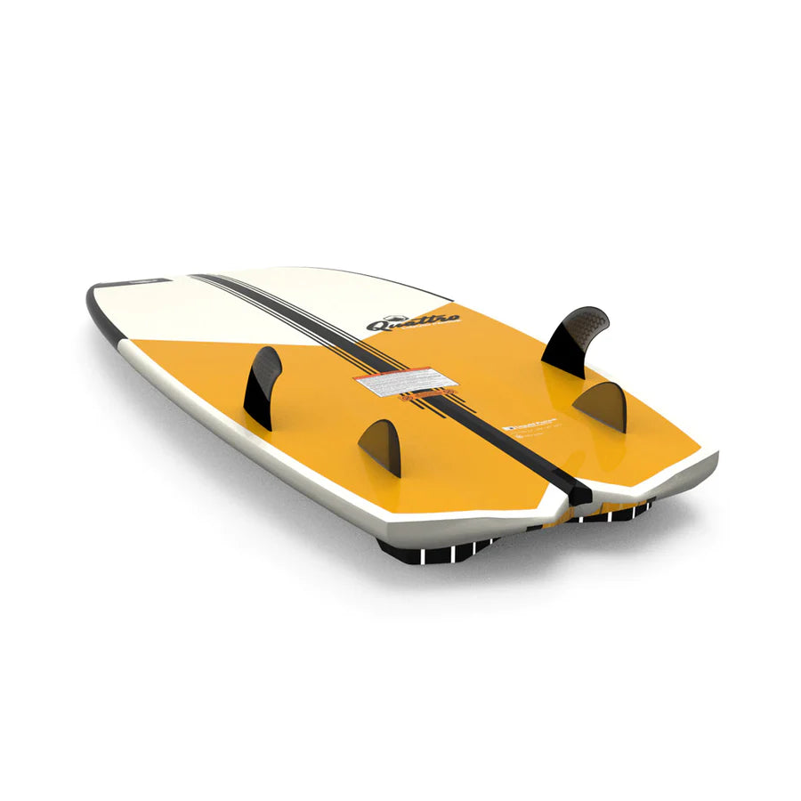A Liquid Force 2024 Quattro Wakesurf Board (Pre-Order) with a surf-style shape on a white surface.