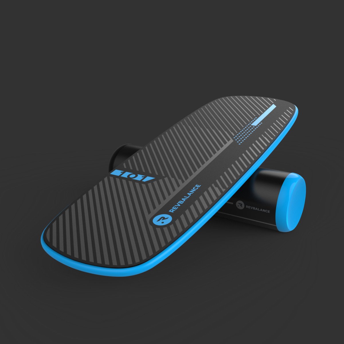 A blue and black Revolution 101 v2 Balance Board, a balance trainer and workout tool, on a black background.