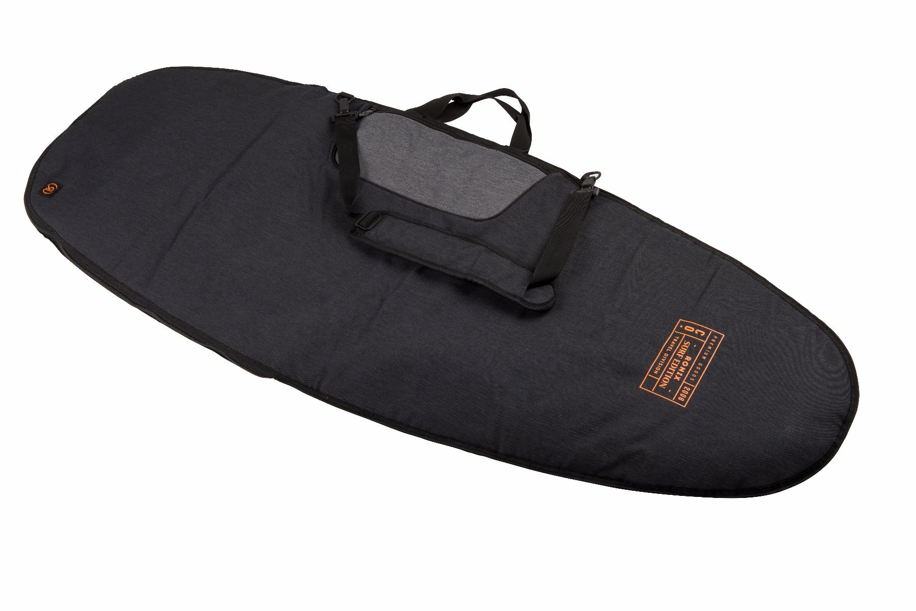 The Ronix Dempsey Padded Wakesurf Bag is a black surfboard bag on a white background, designed with a super durable padded shell to provide ultimate protection for your surfboard. It also