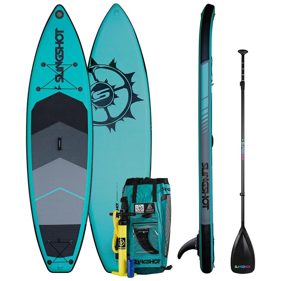 A versatile stand up paddle board with a Slingshot 2022 Crossbreed 11' Airtech Package SUP design, paddle, and bag.