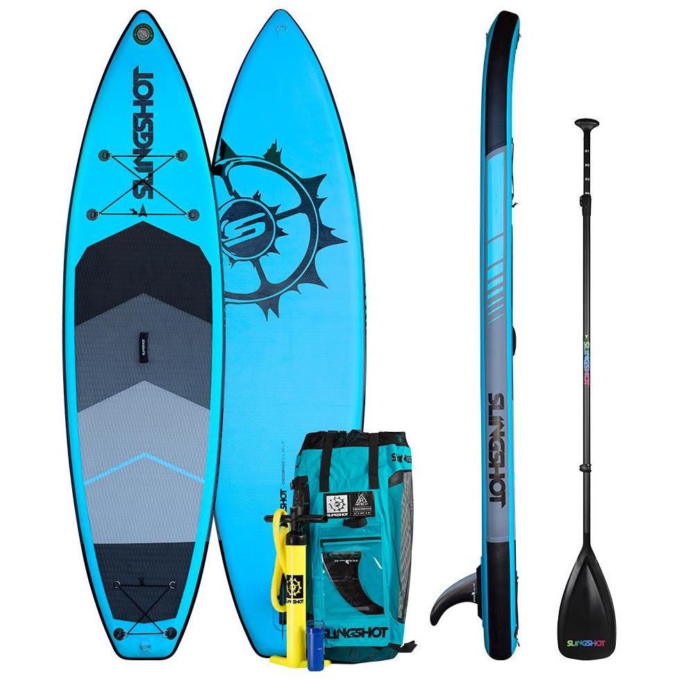 A versatile shape blue Slingshot Crossbreed 11' Airtech Package SUP, with hardboard performance. This includes a paddle and bag.