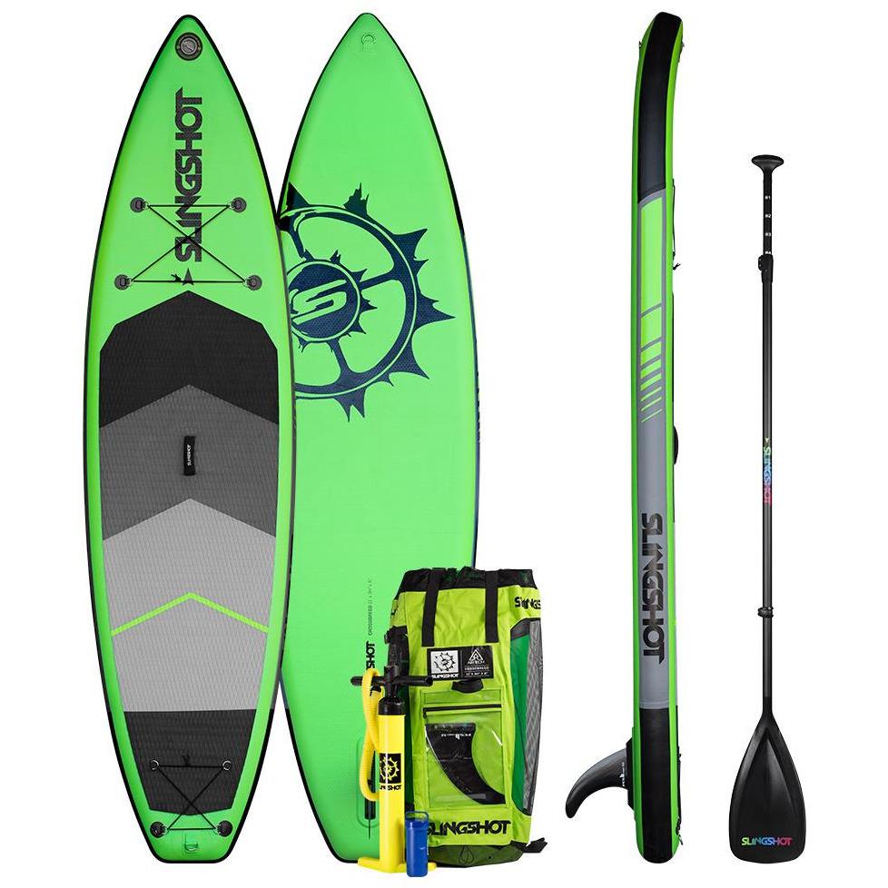 A Slingshot 2022 Crossbreed 11' Airtech Package SUP with versatile shape and hardboard performance.
