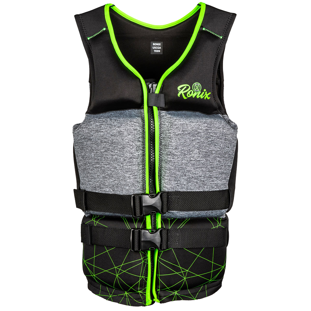 A Ronix Driver's Ed Capella 3.0 Teen CGA Vest with a green and black design.