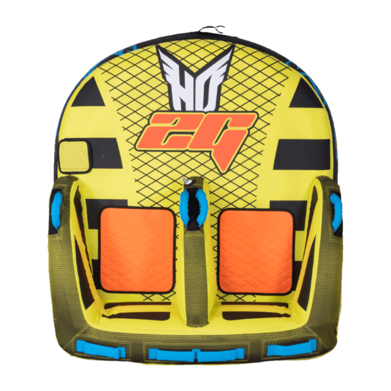 A yellow and blue HO Sports backpack with a HO 2G Tube logo on it.