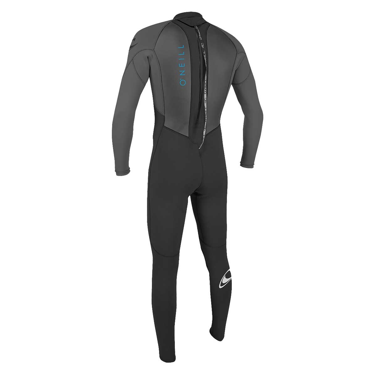 A high-performance O'Neill Youth Reactor II 3/2MM Back Zip Full Wetsuit with a blue logo on it.