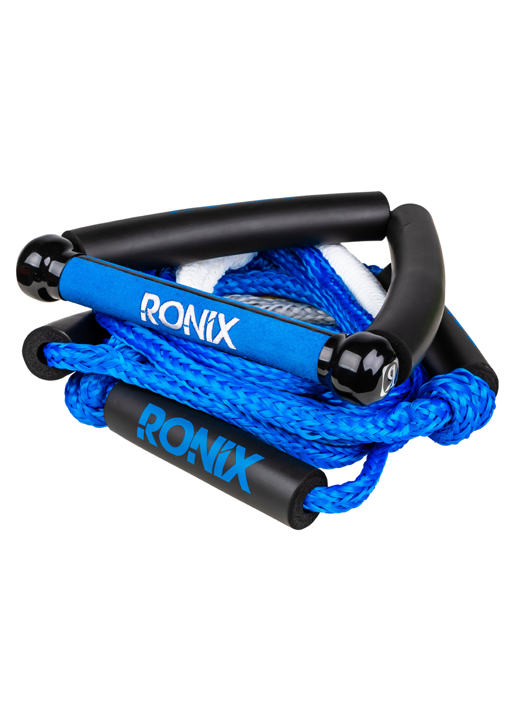 A Ronix Bungee Surf Rope-10" Handle Hide Grip-25ft 4-Sect. Rope - Asst. Color with embroidery of the word Ronix on it.