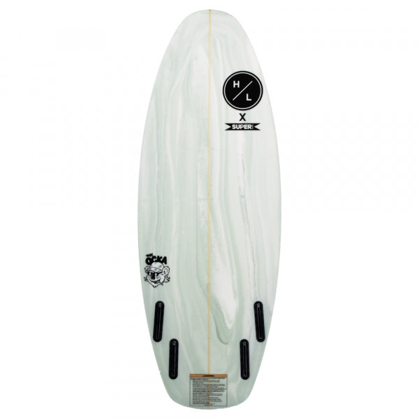 A white Hyperlite 2022 Ocka Wakesurf Board with a black logo on it, designed in a surf style.