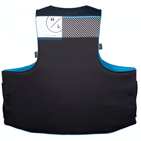 A Hyperlite Men's Indy CGA Big & Tall Vest in black and blue, approved by Transport Canada and USCG.