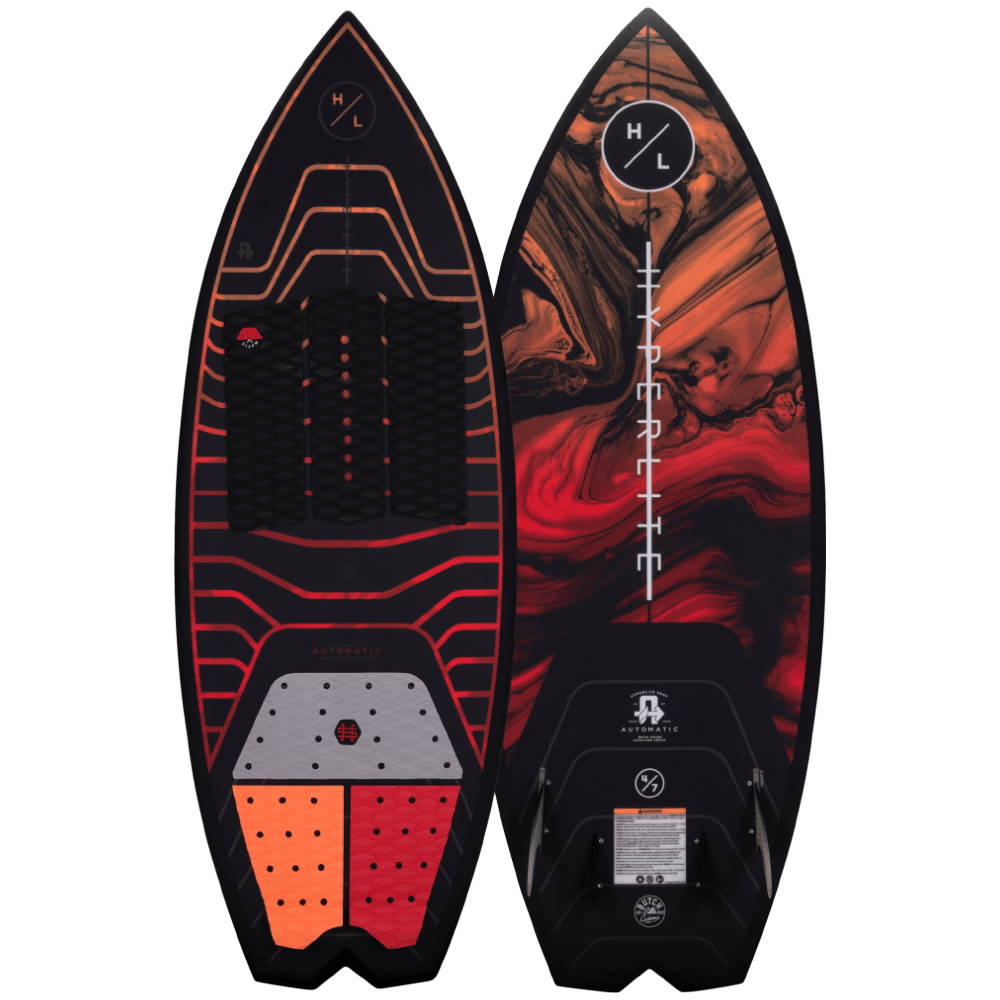 A Hyperlite 2022 Automatic Wakesurf Board with a black and red design, perfect for the beaches and wakes of Florida.