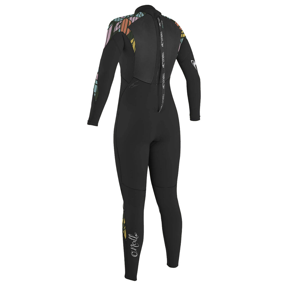 An O'Neill Women's Epic 4/3 Full Wetsuit, featuring a colorful back and made from UltraFlex neoprene for maximum flexibility. It also includes a double seal neck closure for added comfort.