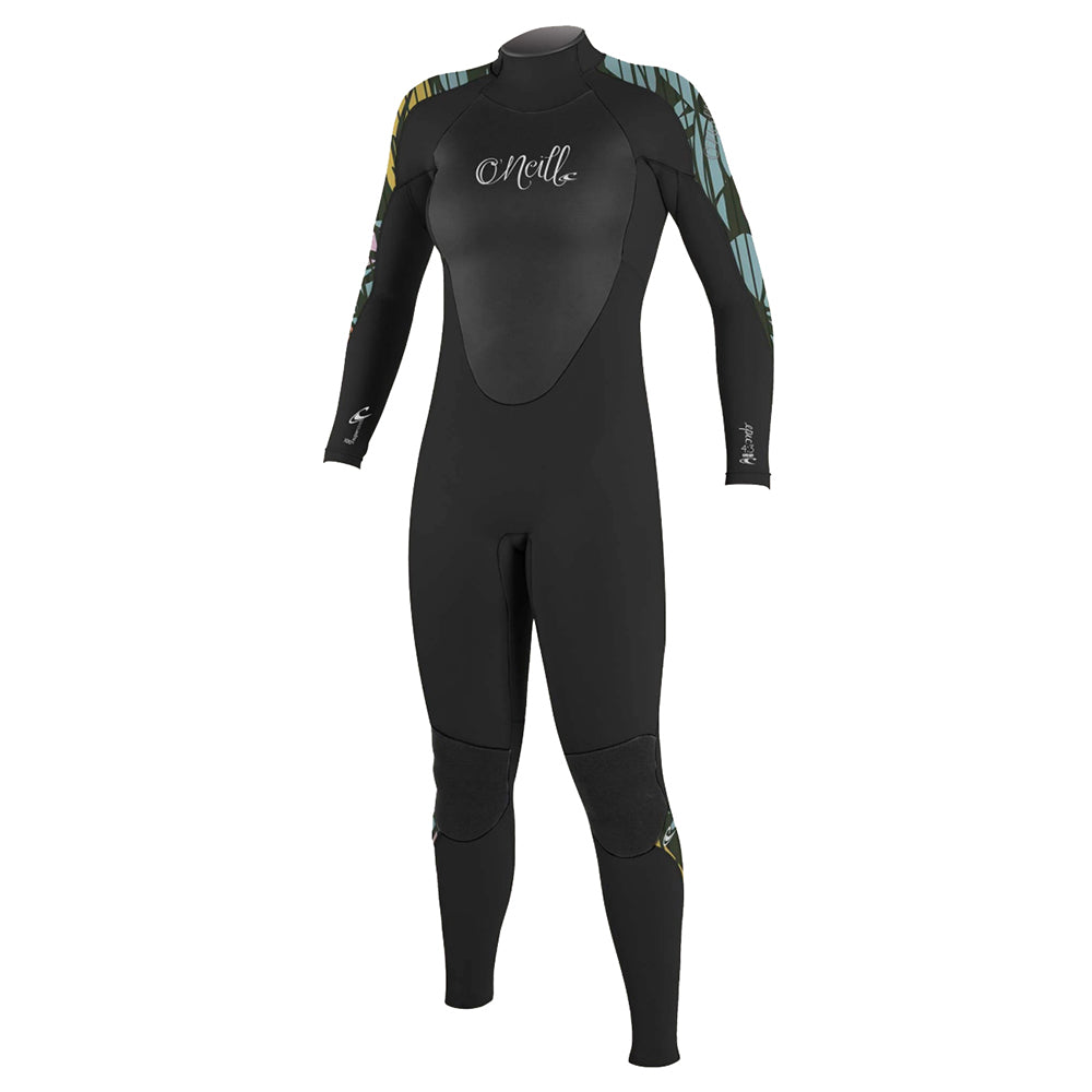 An O'Neill Women's Epic 4/3 Full Wetsuit made with UltraFlex neoprene is shown on a white background, featuring a double seal neck closure.