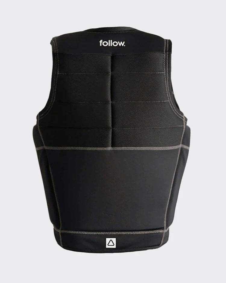 The back of a Follow Wake neoprene vest with the word Follow 2022 TBA Men's Jacket - Black on it.
