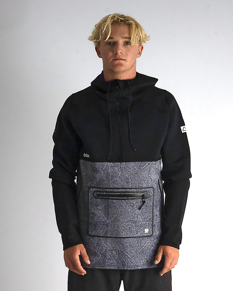 A man wearing a Follow Wake 3.12 Anorak Pro Neo Outer Jacket- Black hoodie.