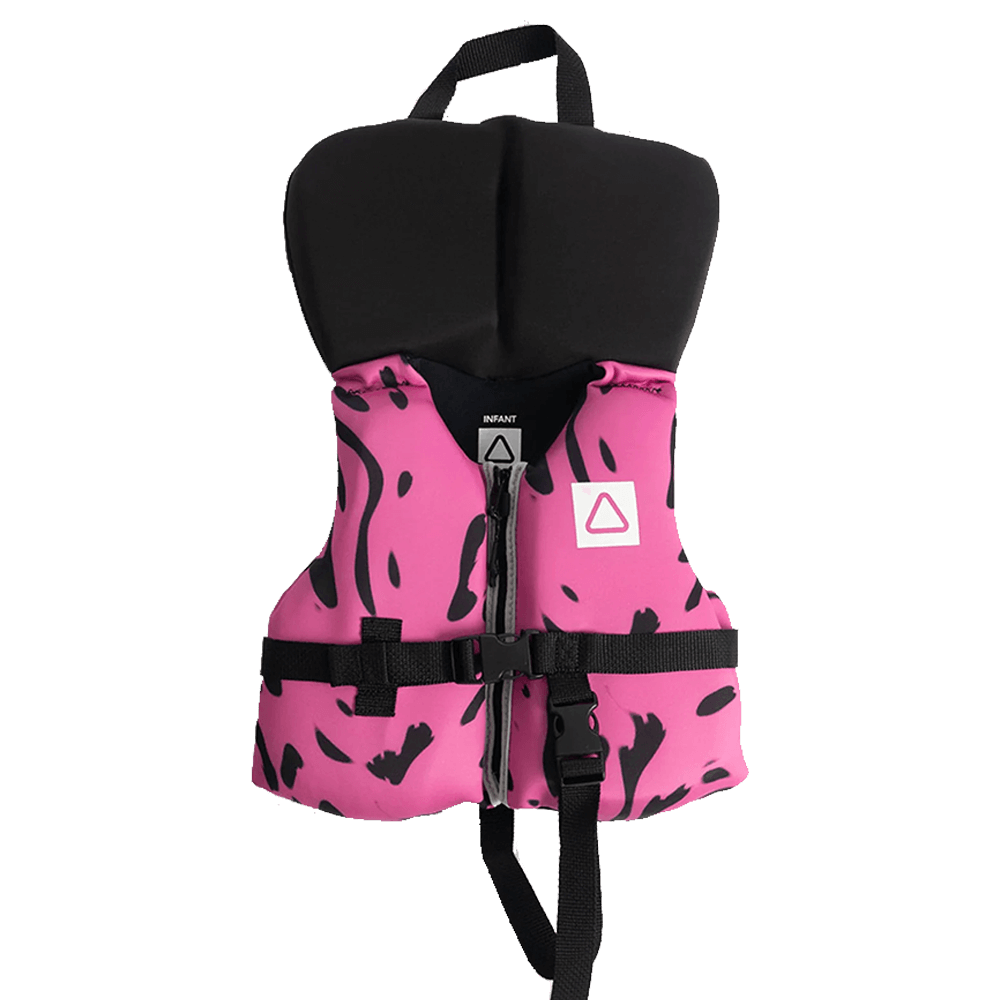 A Follow Wake Pink life jacket with black and pink camouflage print, suitable for kids.