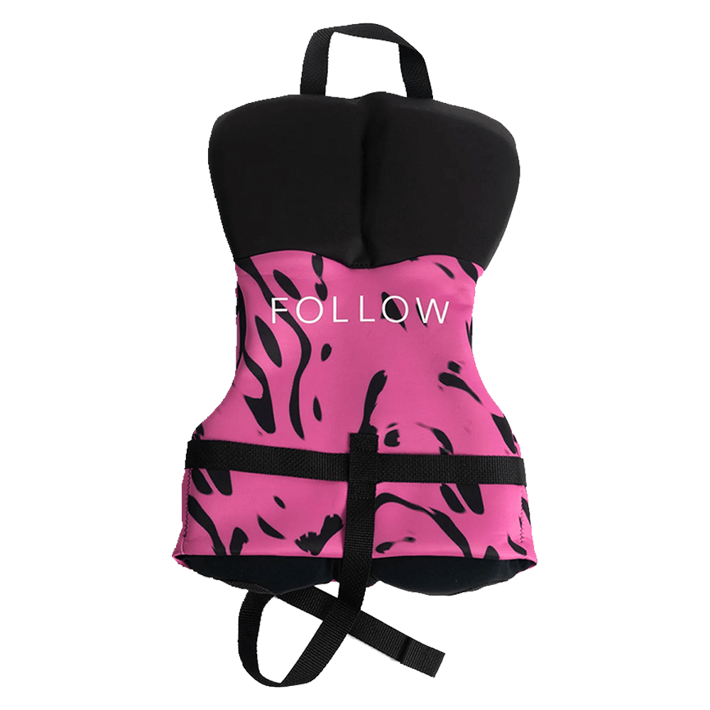 A pink and black Follow Wake body harness with the word "follow" on it, perfect for kids and featuring adjustable straps.