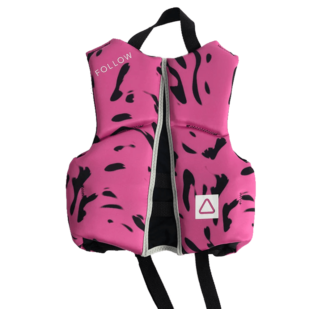A Follow Wake Pop Youth CGA Jacket - Pink with maximum adjustment for kids, featuring black and pink camouflage print.