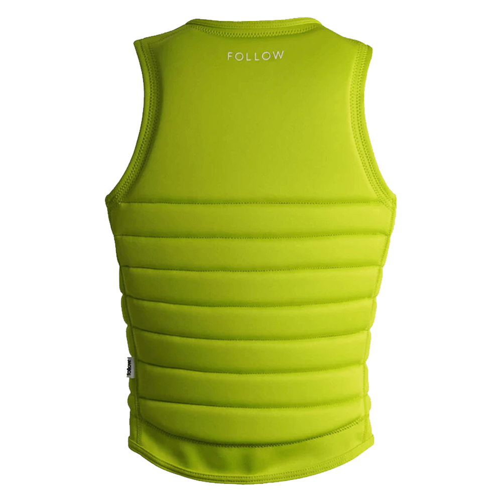 A Follow Primary Ladies Jacket - Lettuce Green, featuring a dual layer construction for enhanced durability and a featherweight foam material. The jacket is primarily green in color with a black background.
