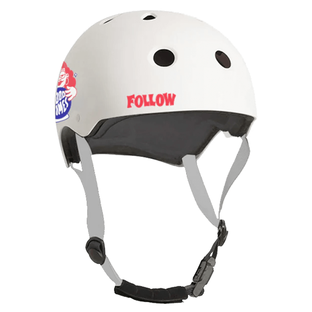 A white Follow Wake helmet with the word "Follow Pro Helmet - Fortune Silver" on it, featuring a TrueFit Liner for optimal comfort and Soft EVA padding for added protection. It also boasts a Fidlock magnetic buckle.