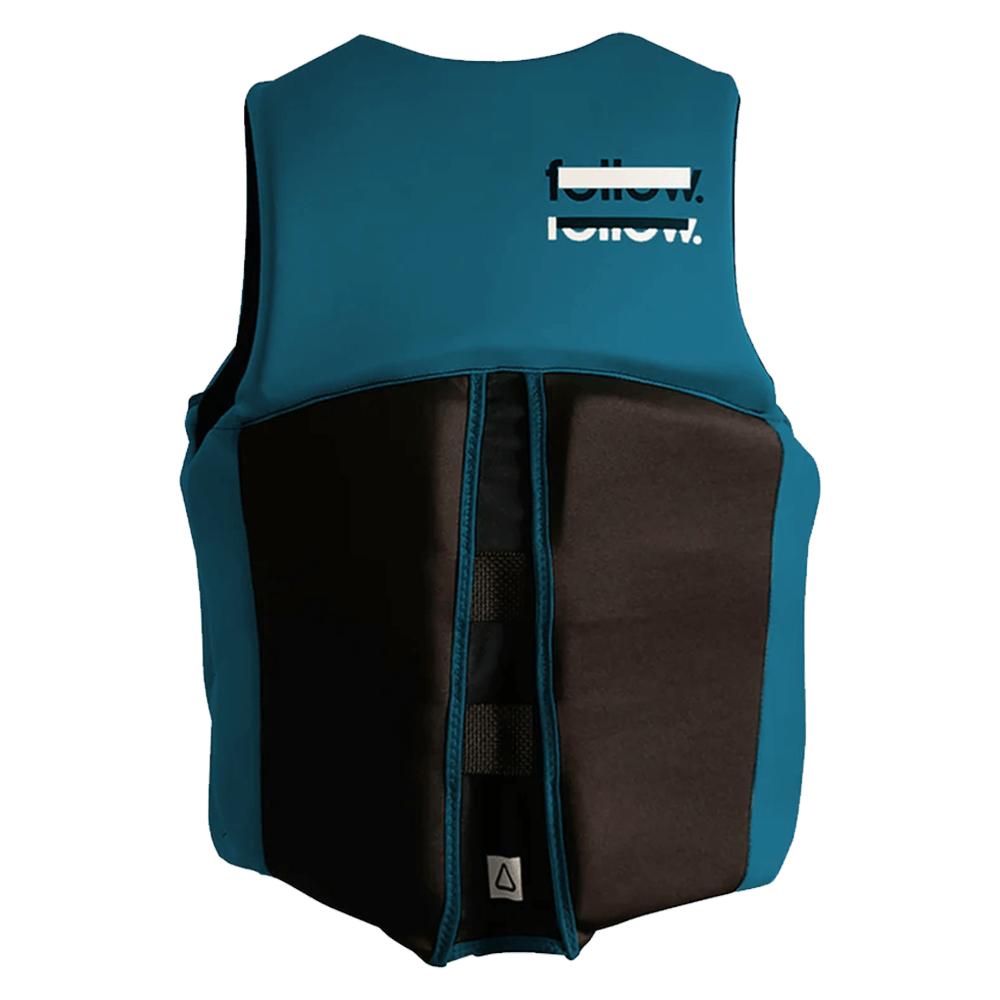 A Follow Wake lightweight blue and black life vest with the word "London" prominently displayed.