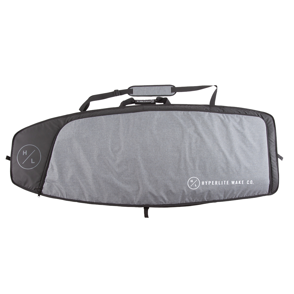 A Hyperlite Wakesurf Travel Bag in grey and black, designed for surfers with a convenient handle.
