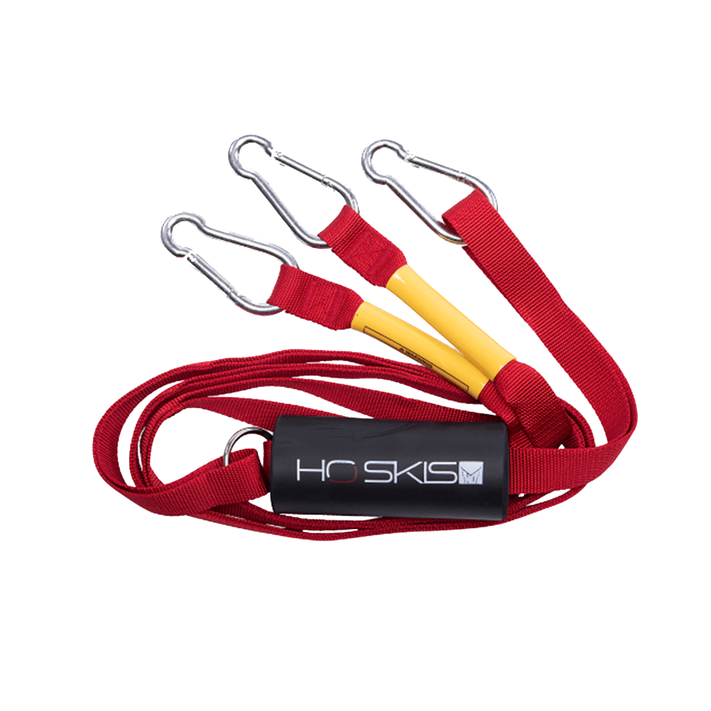 A red and yellow HO Sports Nylon Webbing Tow Harness with hooks attached to it, ideal for towing behind outboards or inboard/outboards.