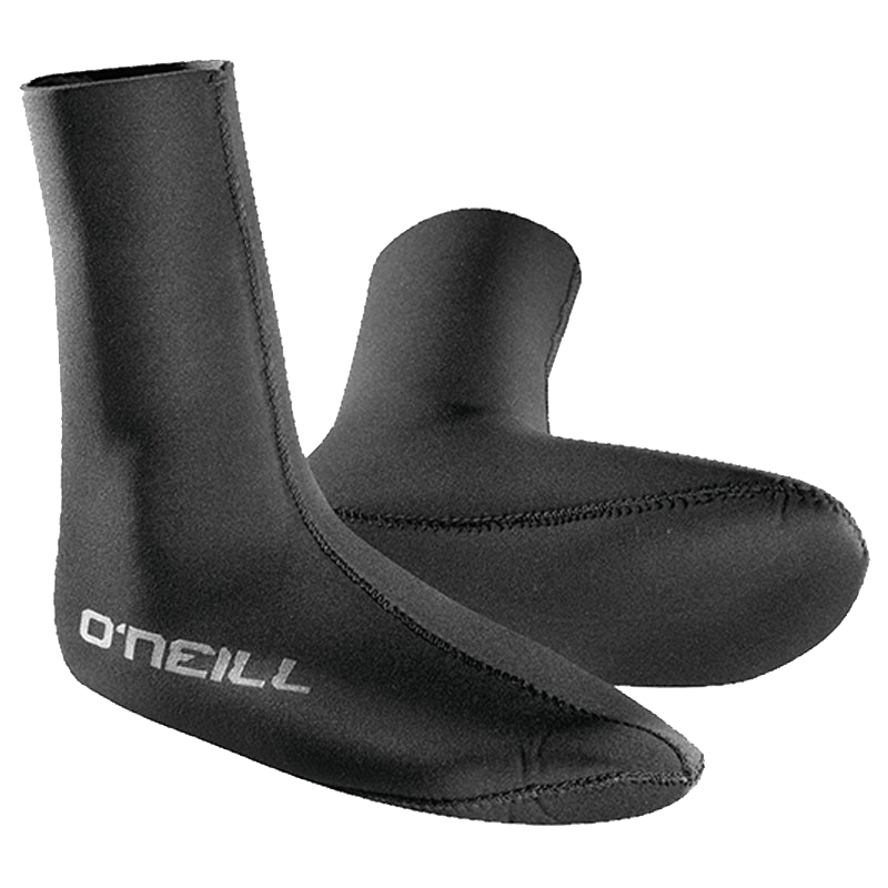 A pair of black neoprene O'Neill Heat Sock 3mm foot covers designed to withstand extreme elements, featuring the renowned O'Neill brand.