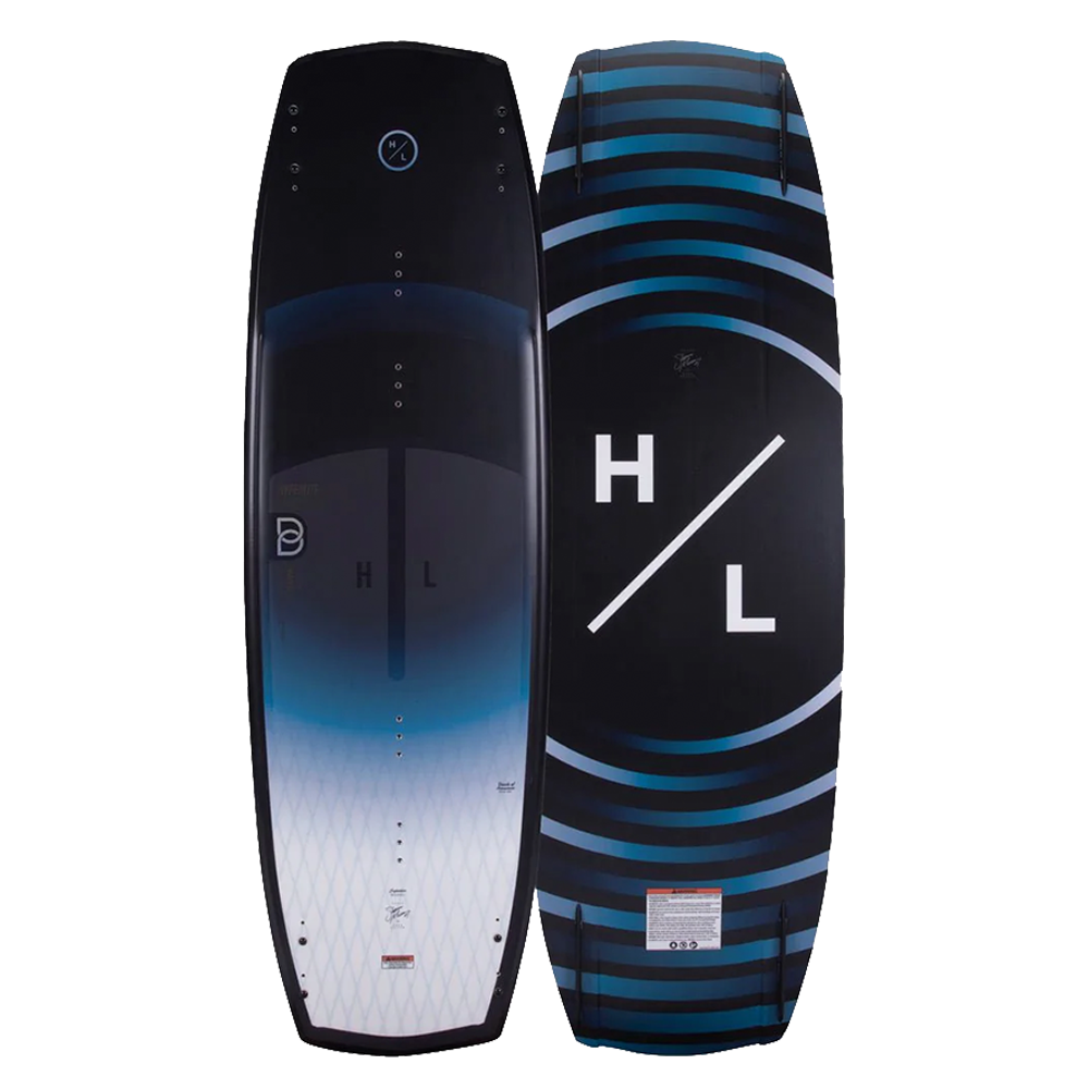 A Hyperlite 2022 Baseline Wakeboard with a blue and black design, providing a solid foundation for wakeboarders.