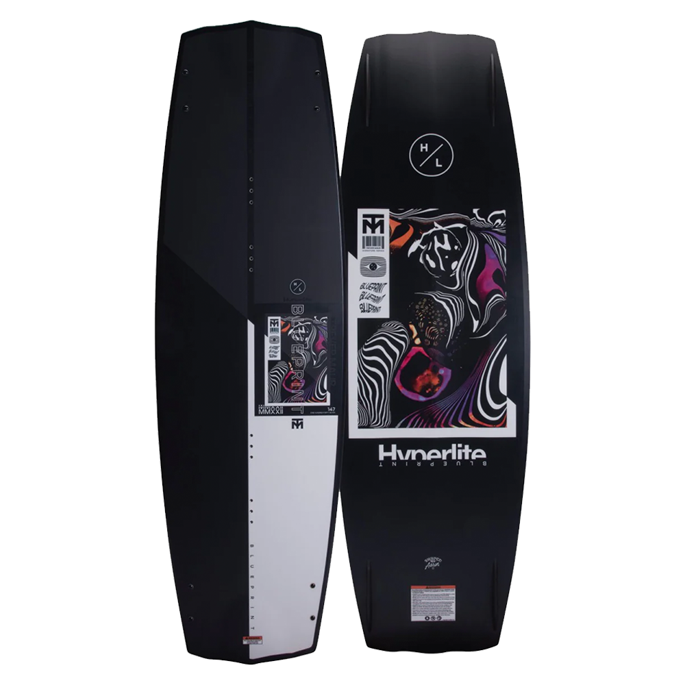 The Hyperlite 2022 Blueprint wakeboard offers wakeboarders a freewheeling ride with its black and white design.