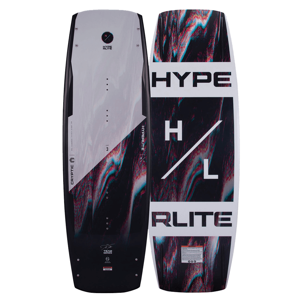 An aggressive Hyperlite 2022 Cryptic Wakeboard with the word "hype" that delivers amazing pop off the wake.