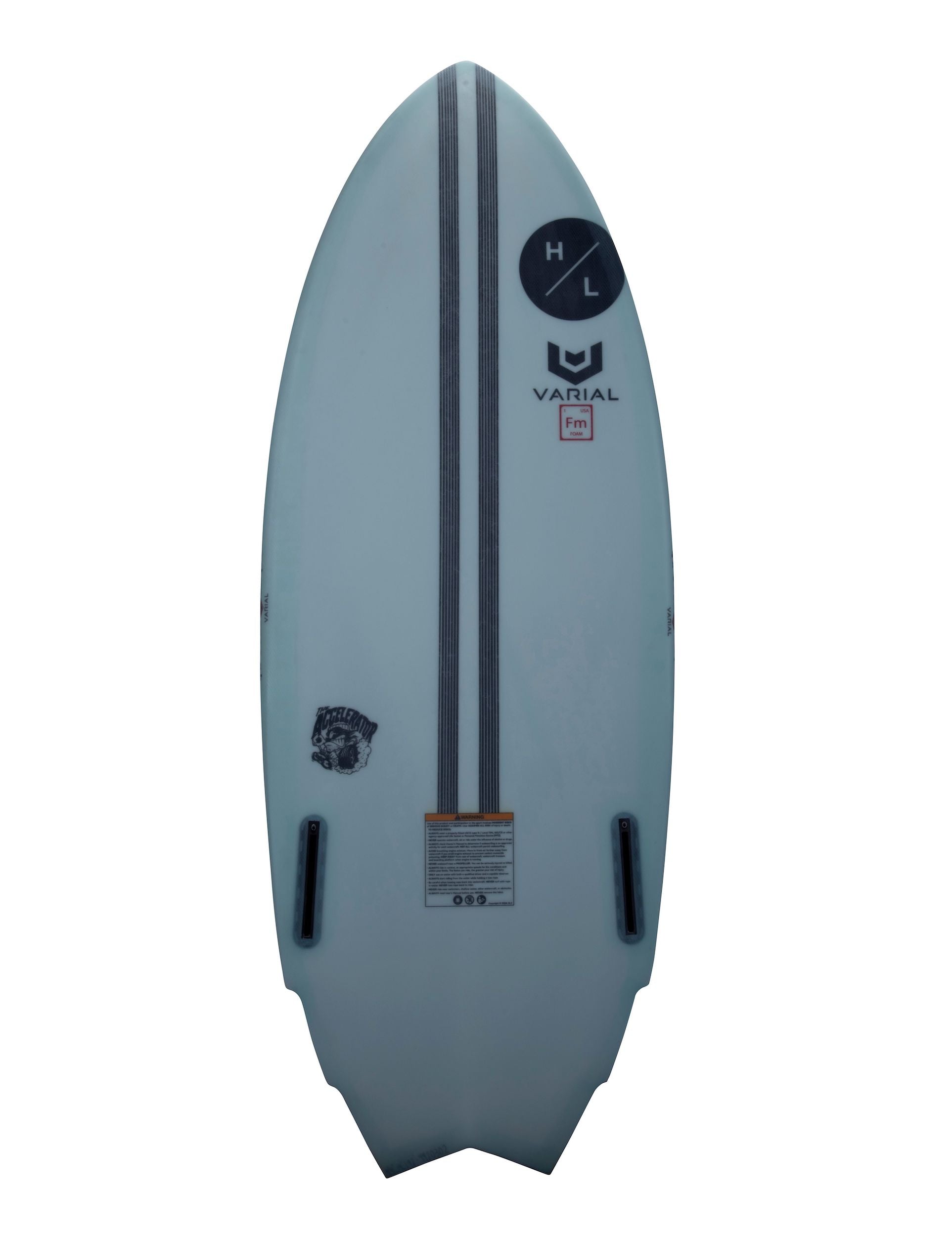 A white Hyperlite 2024 Varial Accelerator Wakesurf Board with a black stripe on it, featuring Varial Surf Technology for enhanced performance and an accelerator-like experience.