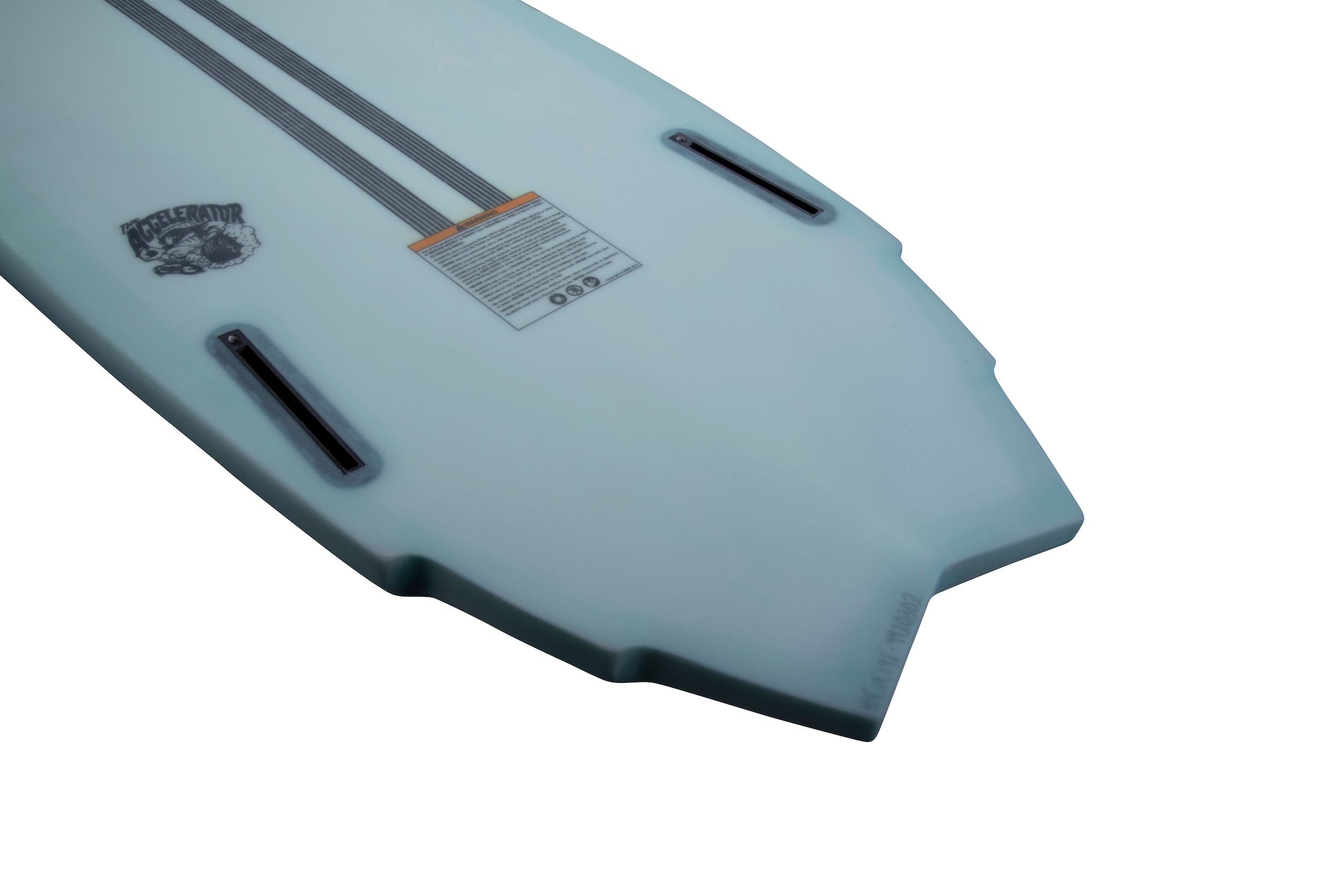 A Hyperlite 2024 Varial Accelerator Wakesurf Board with a black stripe on it, featuring Varial Surf Technology.