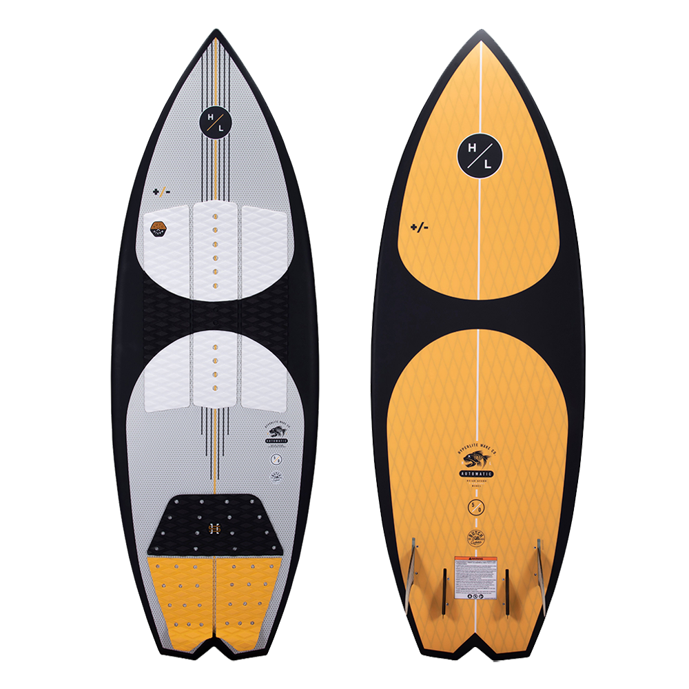 A Hyperlite 2023 Automatic Wakesurf Board with a yellow and black design.