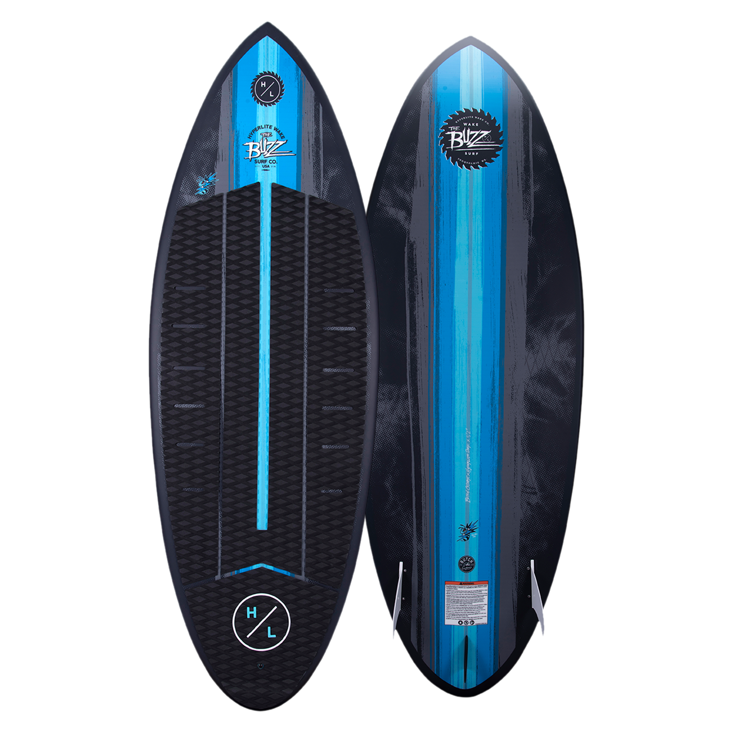A black and blue Hyperlite 2023 Buzz Wakesurf Board with a blue stripe featuring DuraShell Construction.