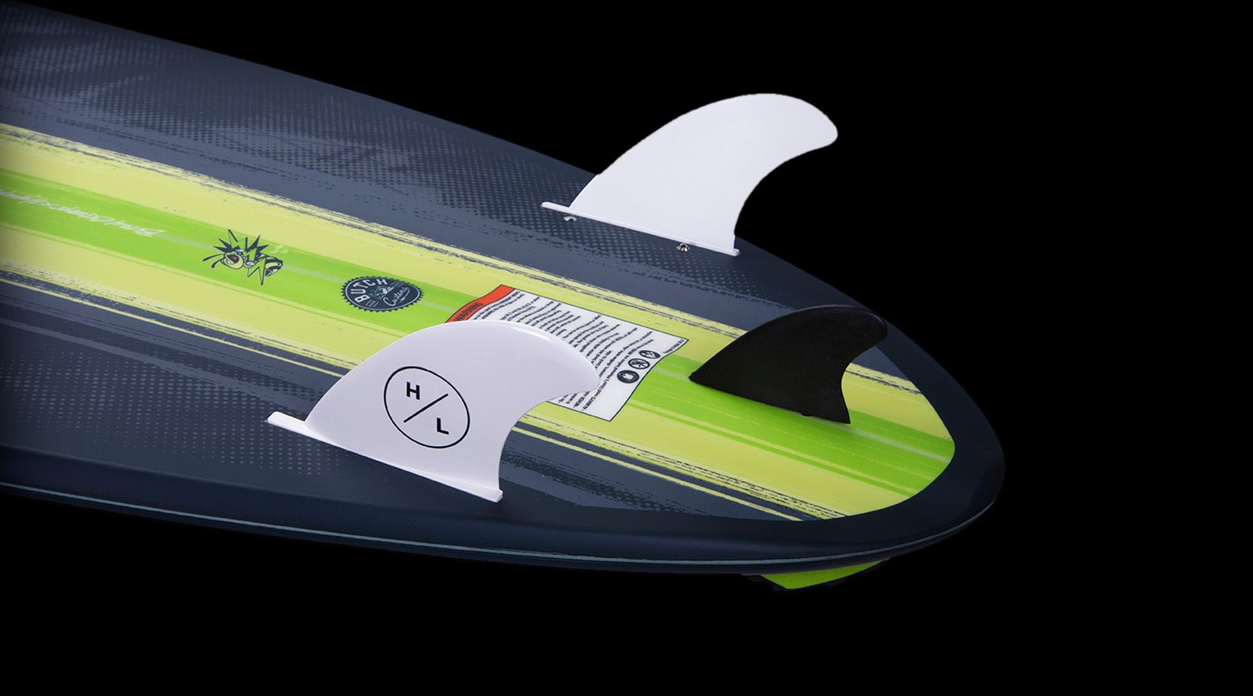 A Hyperlite 2023 Buzz Wakesurf Board with DuraShell construction and fins attached to it.