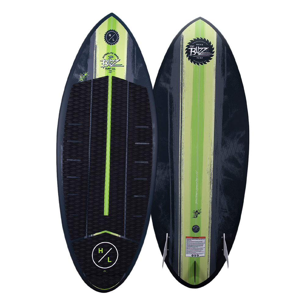 A black and green Hyperlite 2023 Buzz Wakesurf Board with a green stripe featuring DuraShell Construction.