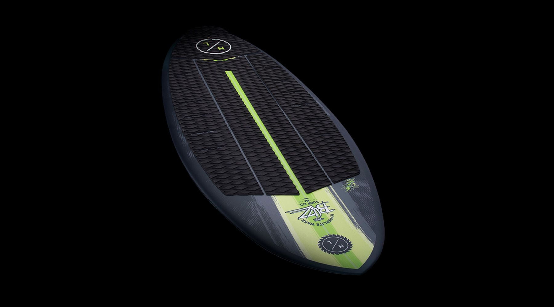 A Hyperlite 2023 Buzz Wakesurf Board in black and green on a black background featuring DuraShell Construction.