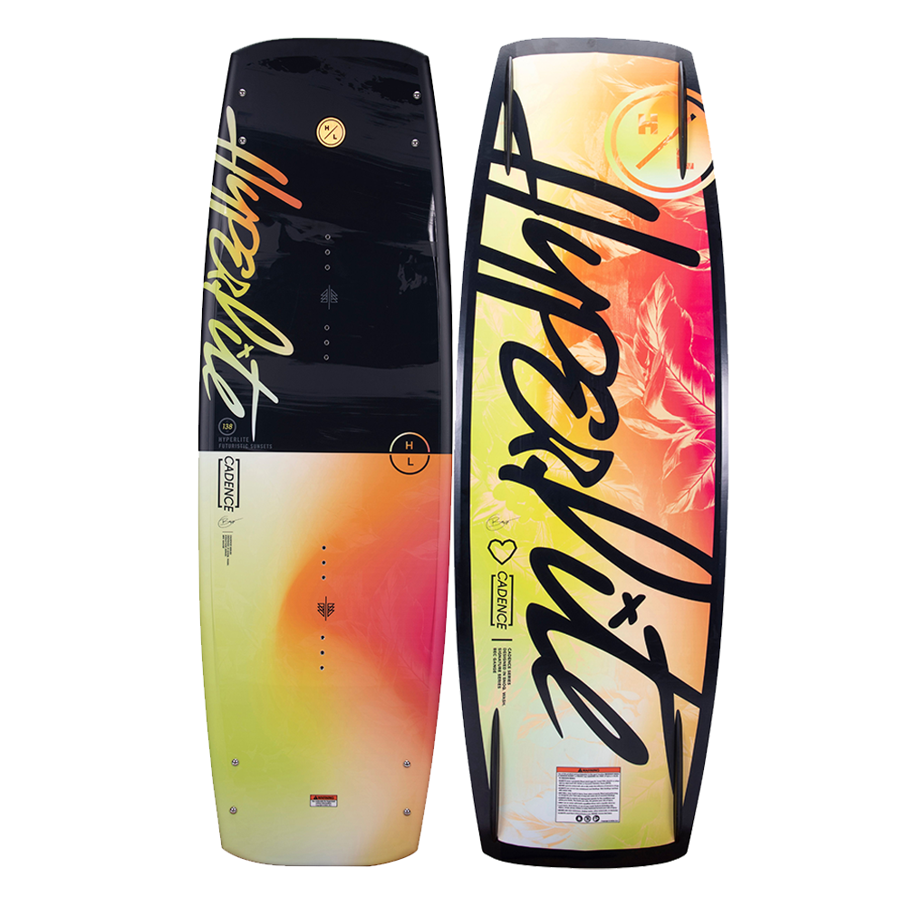 A Hyperlite 2023 Cadence wakeboard with the word 'Hyperlite' prominently displayed on it.