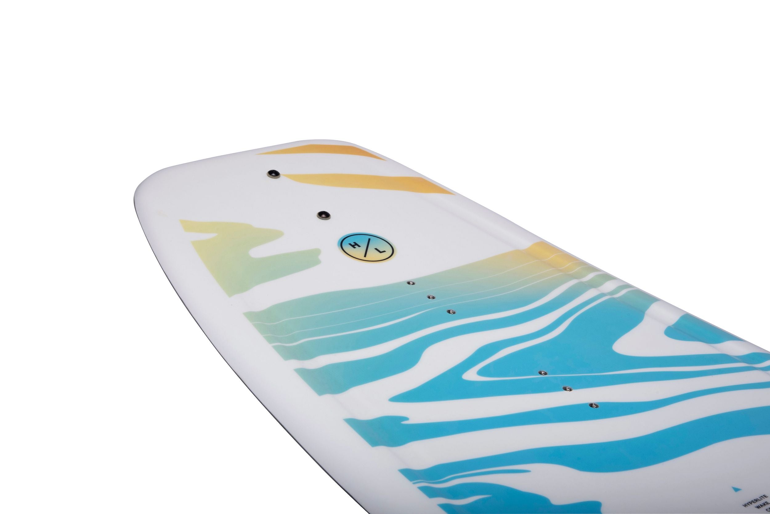A white Hyperlite 2024 Divine Jr. Wakeboard from the free ride series with a blue and yellow design, perfect for beginner/intermediate riders.