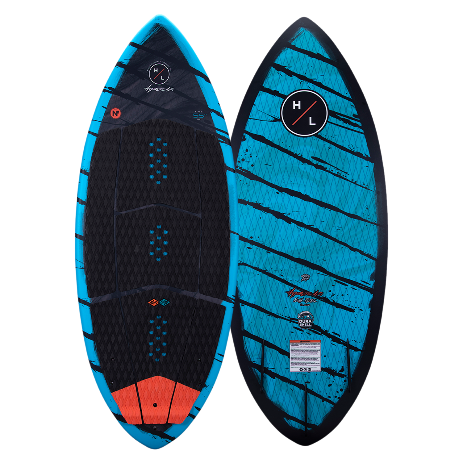 A Hyperlite 2023 Hi-Fi Wakesurf Board with a blue and black design featuring DuraShell construction.