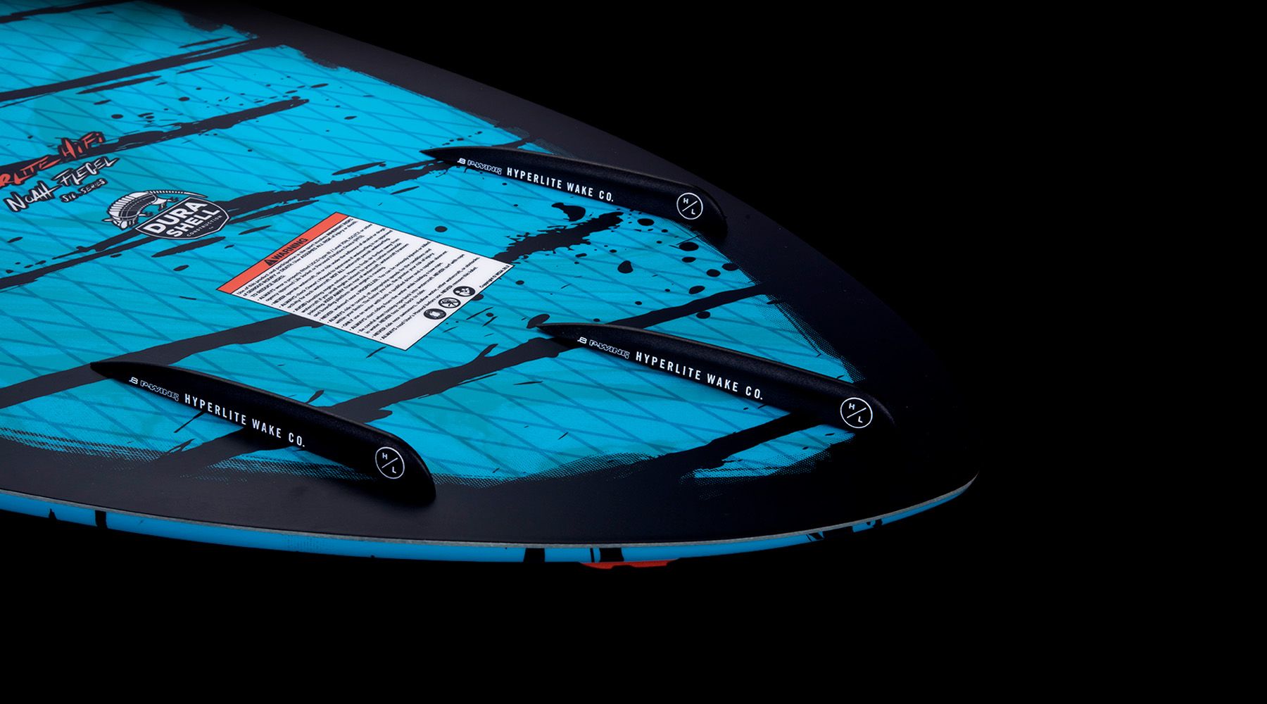 A blue and black Hyperlite 2023 Hi-Fi Wakesurf Board featuring DuraShell construction on a black background.