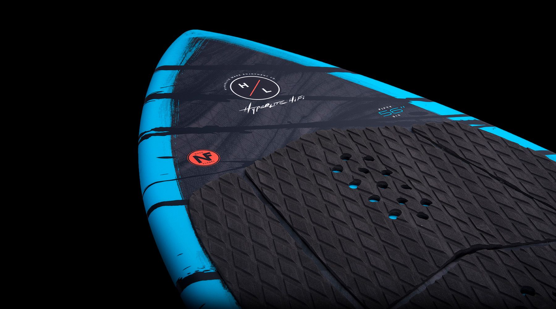 A Hyperlite 2023 Hi-Fi Wakesurf Board featuring a DuraShell construction and a Machined EVA Traction pad, with a blue and black design.