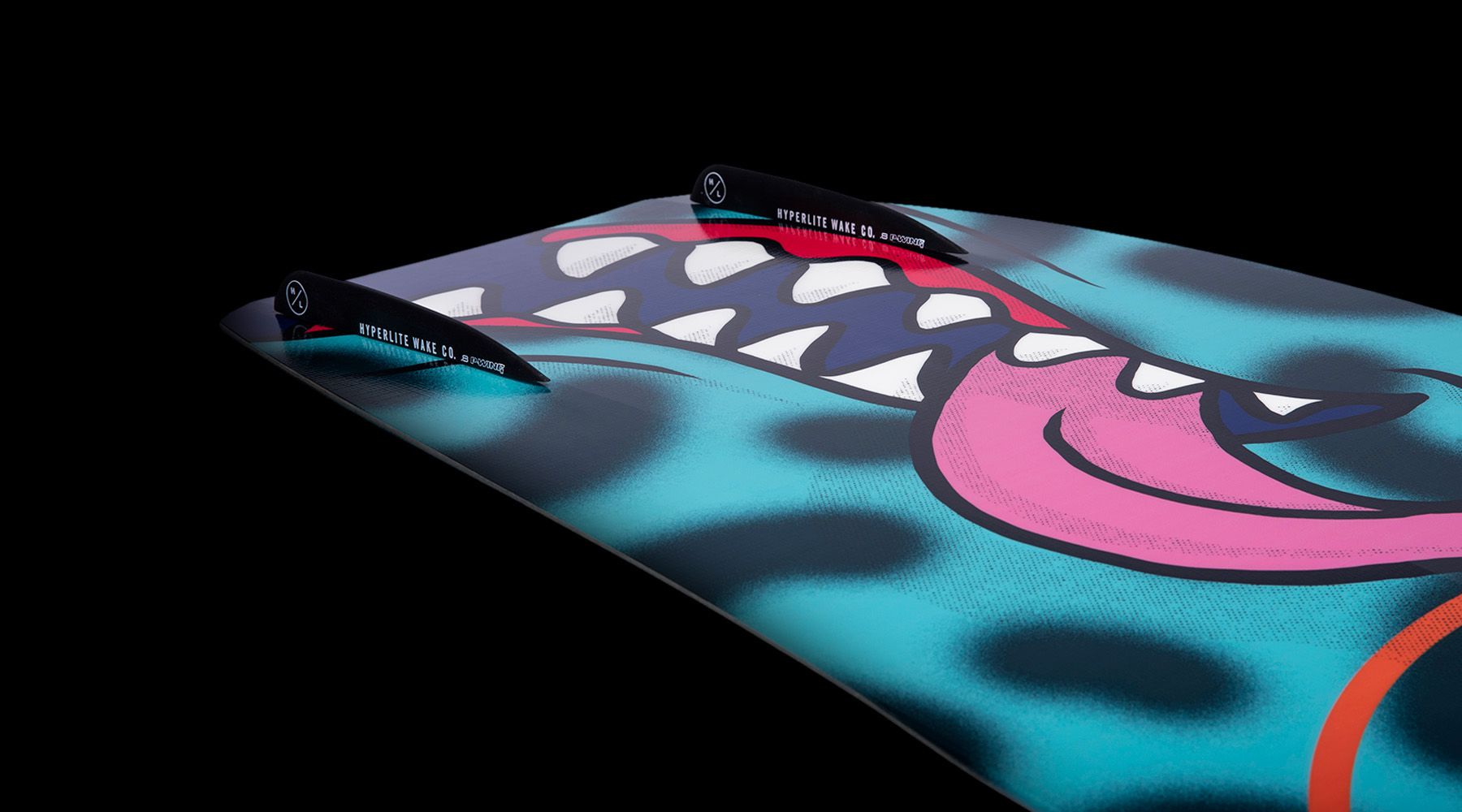 The Hyperlite 2024 Murray Jr. Wakeboard is a blue and pink board featuring a shark's mouth graphic. With the Hyperlite Murray Pro wakeboard, it offers a subtle three-stage rocker for optimal performance on.