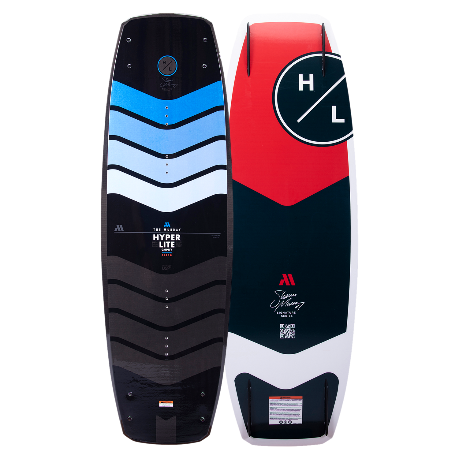 The Hyperlite 2023 Murray Pro wakeboard showcases a striking red, blue, and black design on its surface. With a subtle three-stage rocker, this wakeboard delivers optimal performance and style.