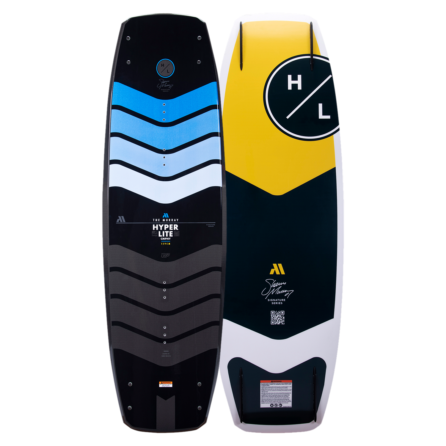 The Hyperlite 2023 Murray Pro Wakeboard features a yellow, blue, and black design with a subtle three-stage rocker.