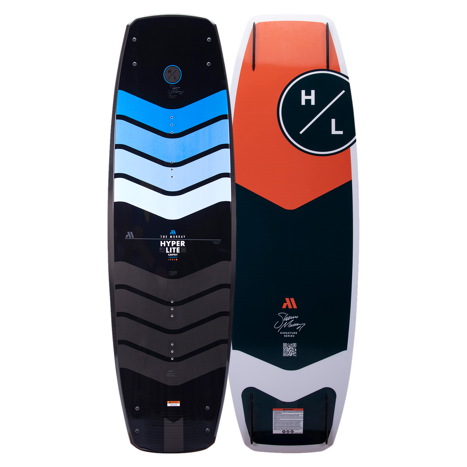 This Hyperlite 2023 Murray Pro Wakeboard features a blue, orange, and black design, with a subtle three-stage rocker for optimal performance.
