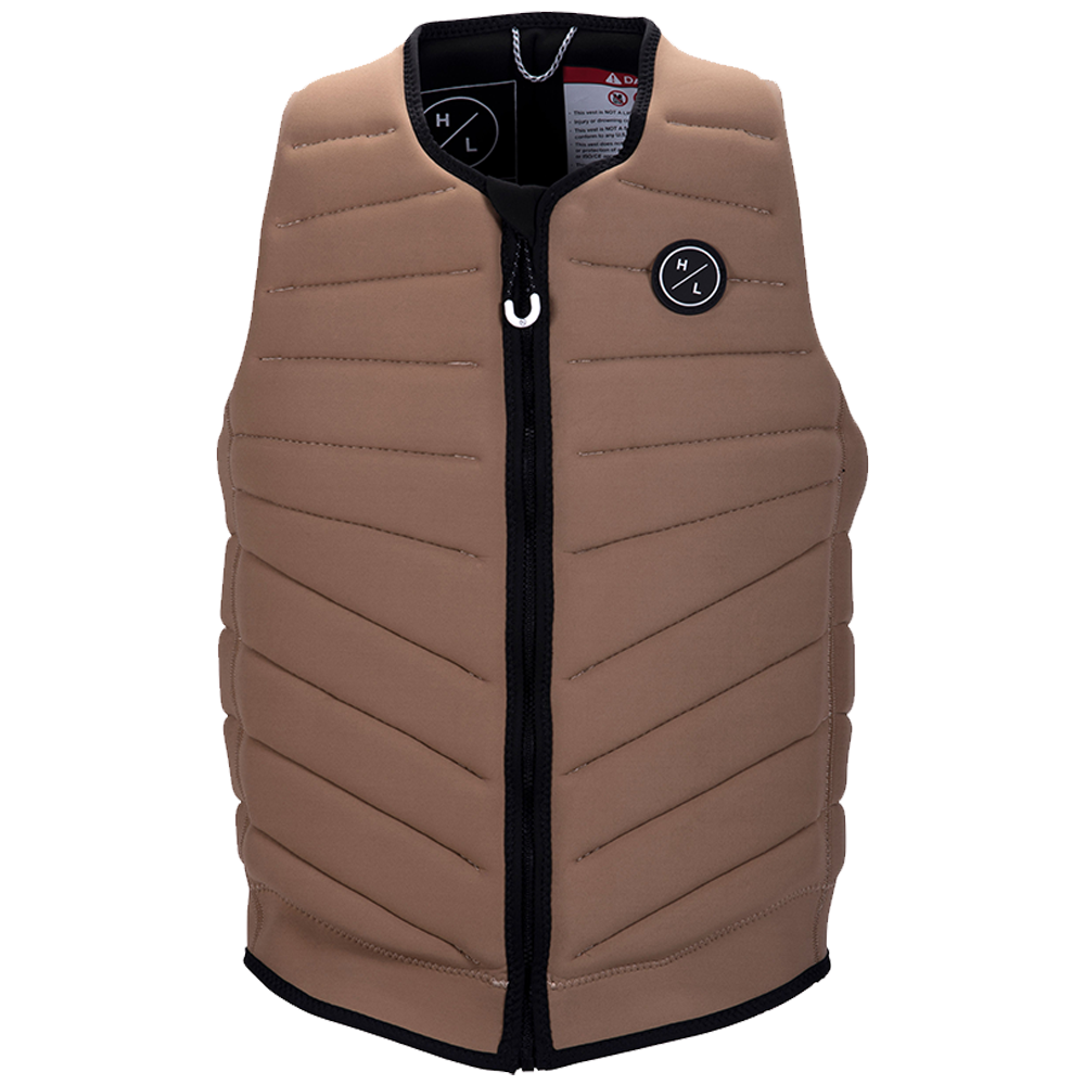 The Hyperlite men's vest in tan with black zippers features lightweight construction.