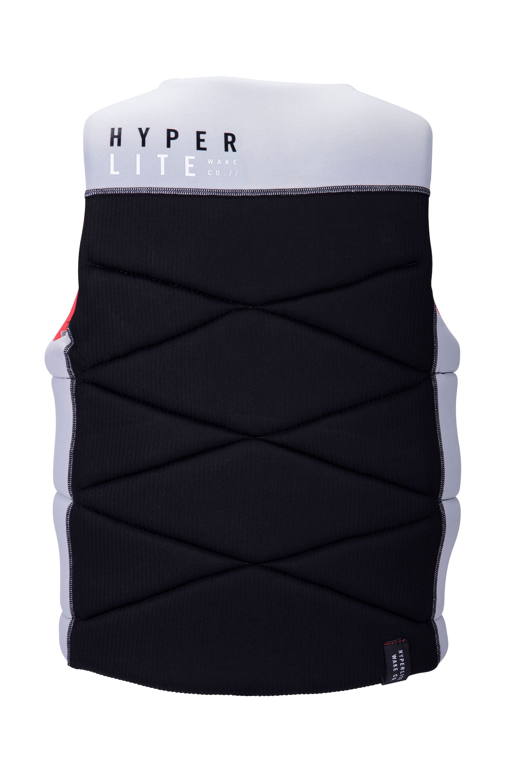 A Hyperlite 2024 NCGA Riot Vest, a lightweight life vest jacket that provides exceptional protection, adorned with the words "hyper life" in a black and white design.