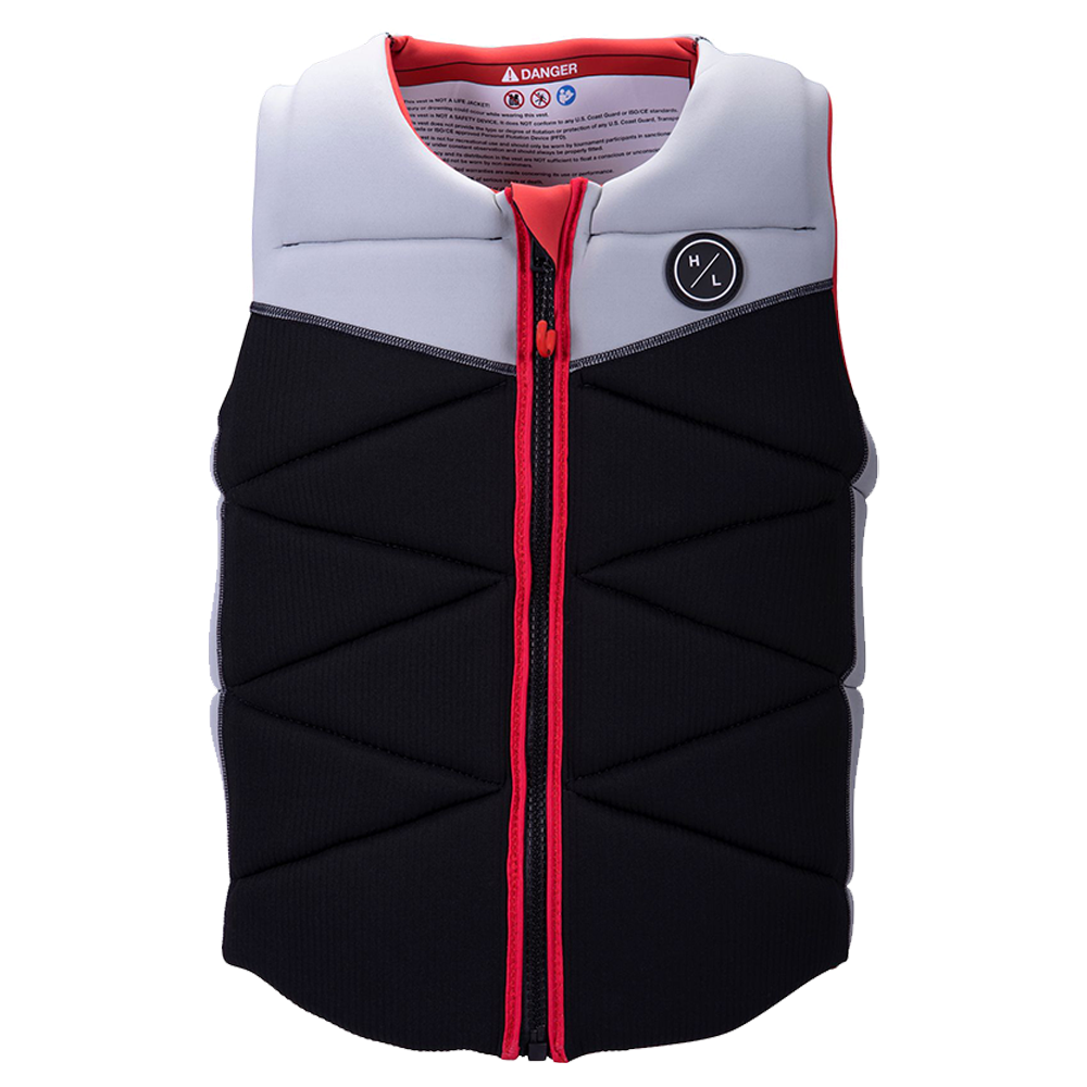A black and red Hyperlite lightweight vest with a zipper providing protection.